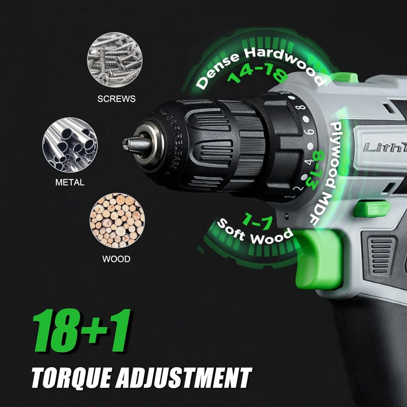 LITHITECH Cordless Drill Set, 20V Power Drill with Battery 2.0Ah and Charger, 3/8-Inch Keyless Chuck Electric drill, 18+1 Position, 2 Variable Speed, 380 In-lb Torque (Green) - Image 2